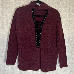Burgundy Lace-Up Mock Neck Fuzzy Sweater Size Medium